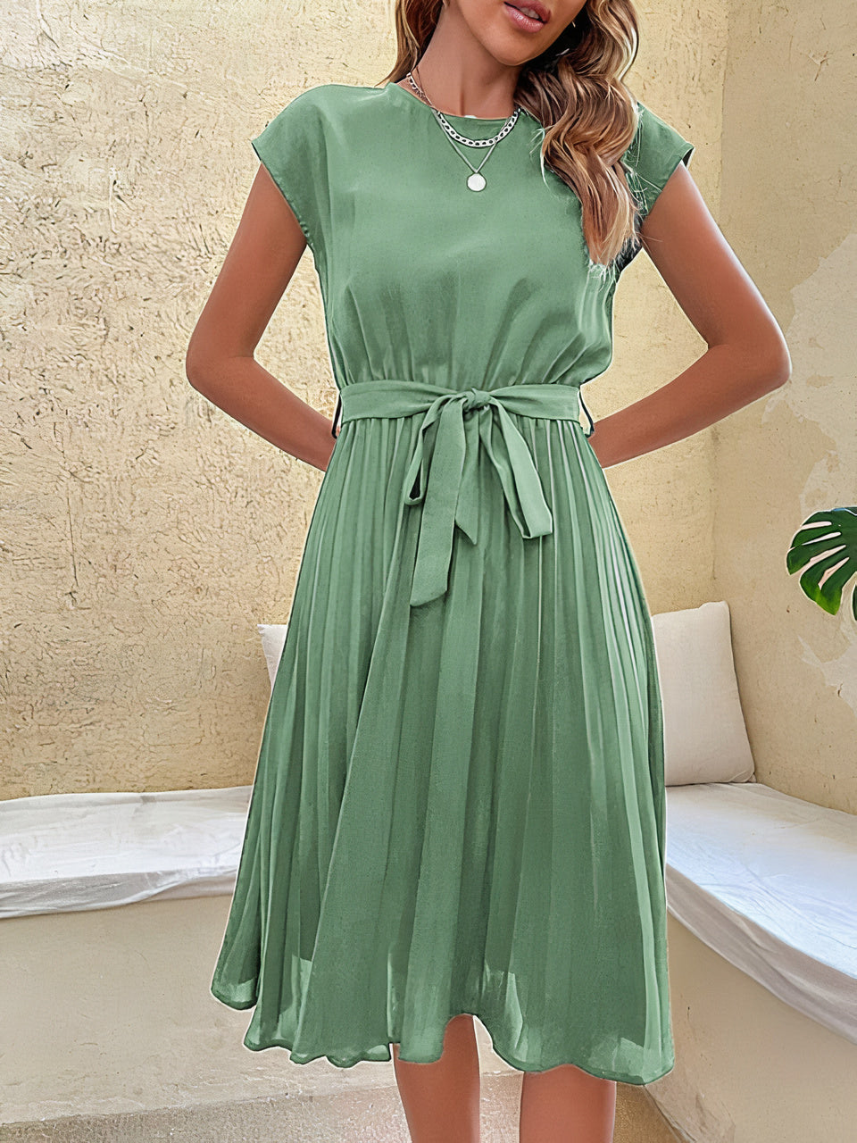 Cap Sleeve Tie Waist Pleated A-Line Midi Summer Dress - View 7