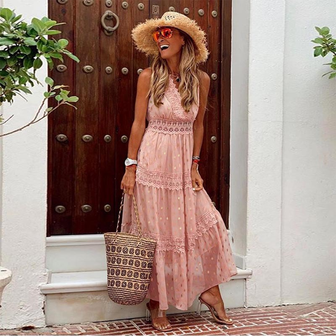 Halter V-Neck Lace Trim Tiered Boho Maxi Summer Dress - View 3