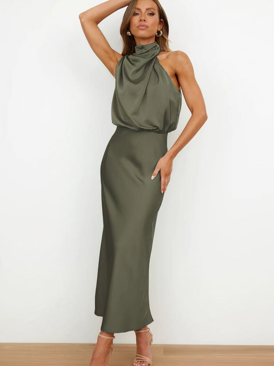 Halter Neck Draped Sleeveless Satin Midi Cocktail Dress - View 3