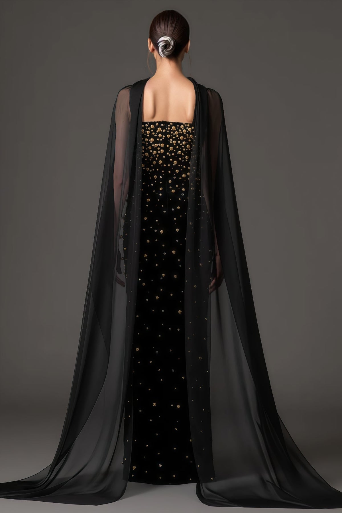 Beaded Strapless Column Sheer Cape Wrap Maxi Gown - View 2