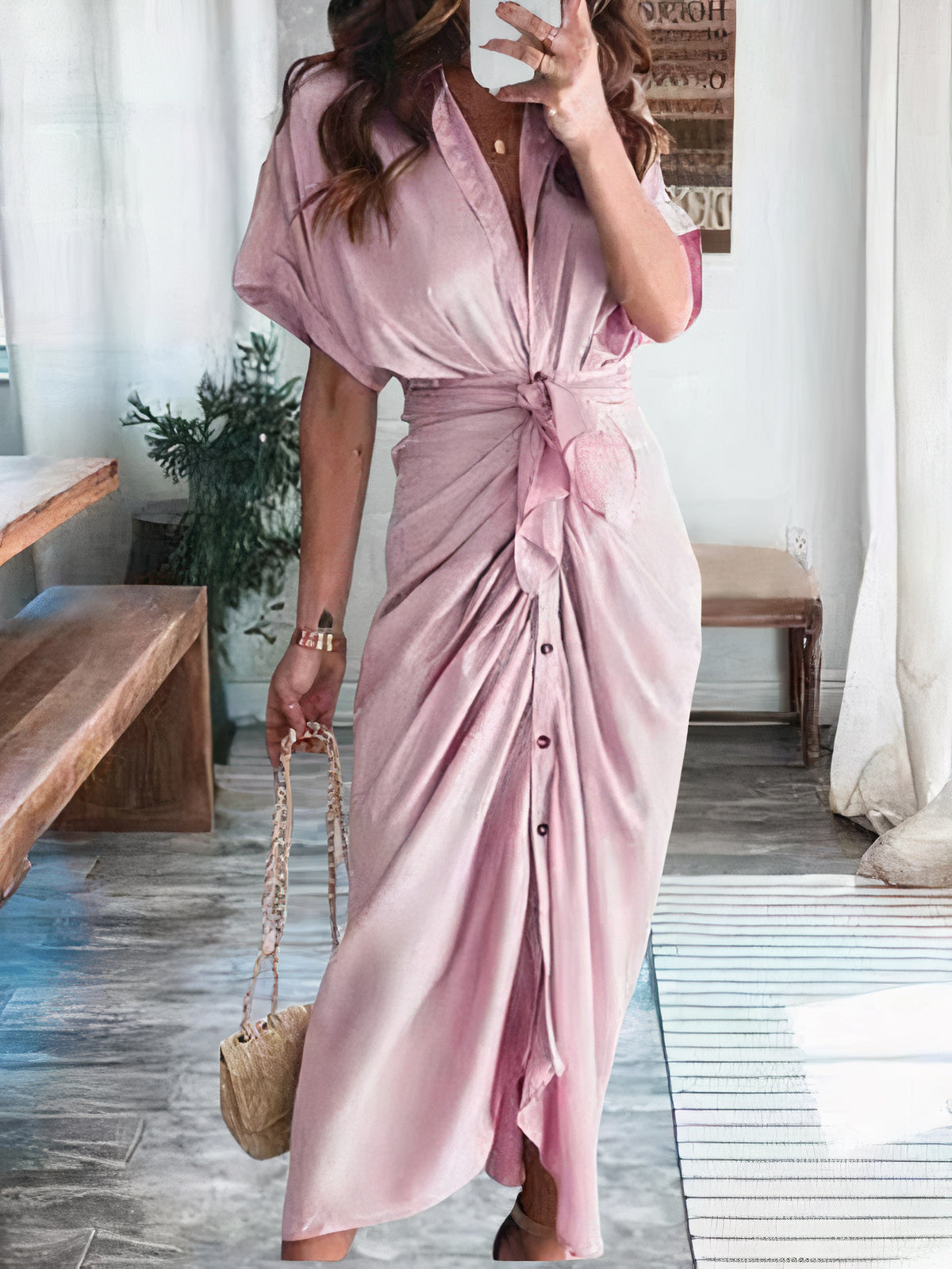 Satin Collared Short Sleeve Tie Waist Button Front Maxi Shirt Dress - View 5