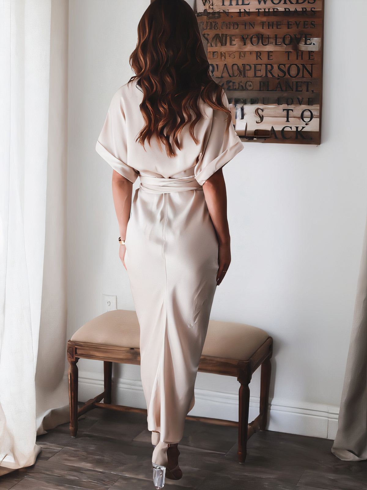 Satin Collared Short Sleeve Tie Waist Button Front Maxi Shirt Dress - View 2