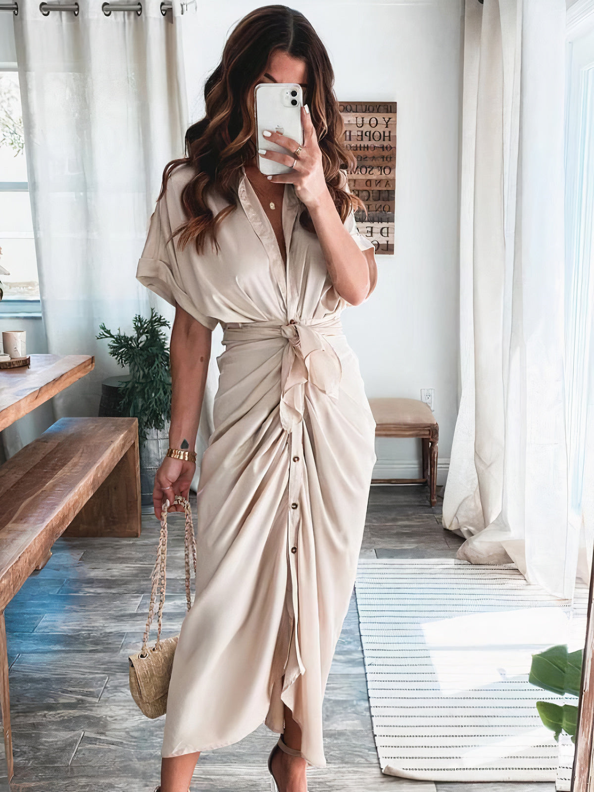 Satin Collared Short Sleeve Tie Waist Button Front Maxi Shirt Dress - View 3