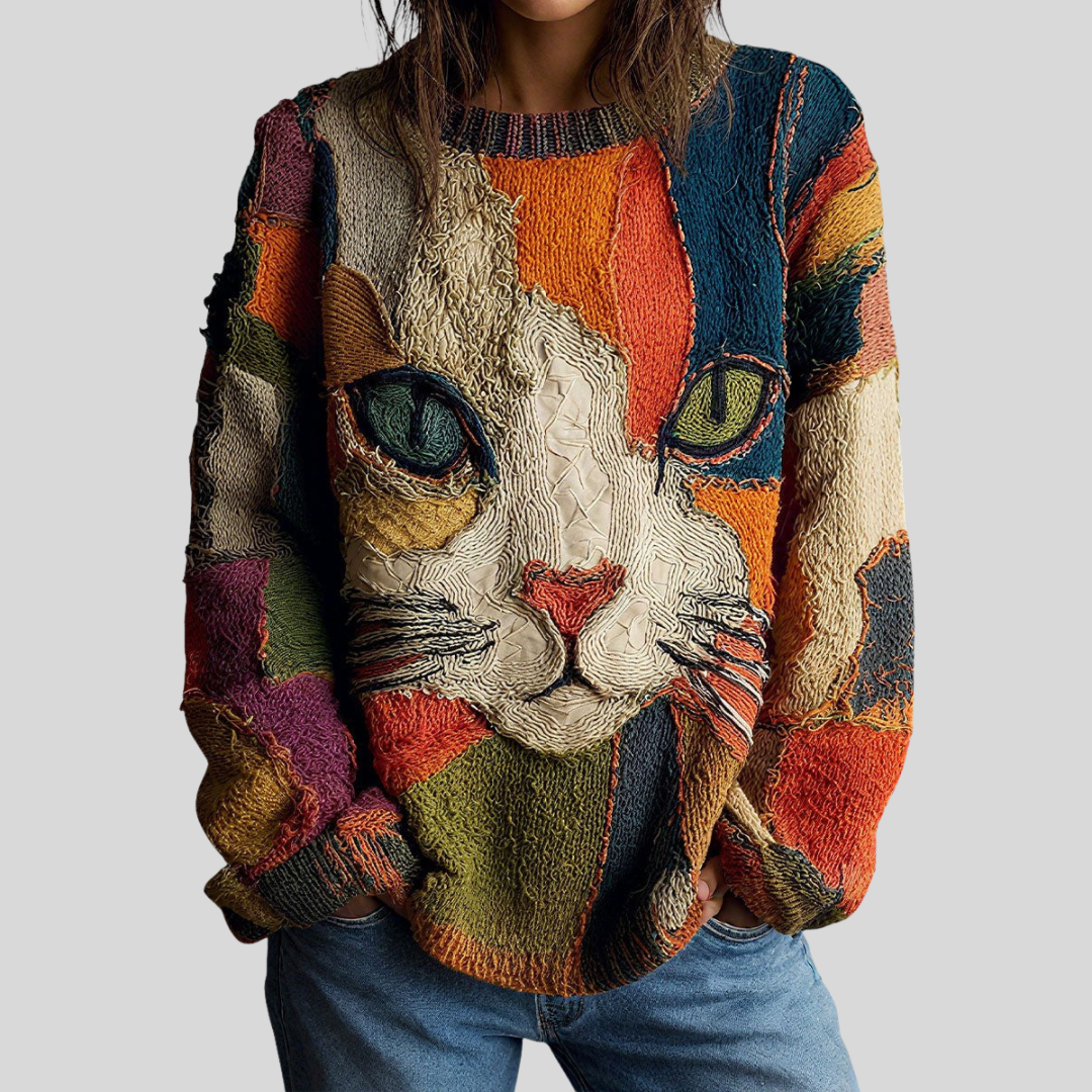 Crew Neck Long Sleeve Cat Print Knit Sweater
