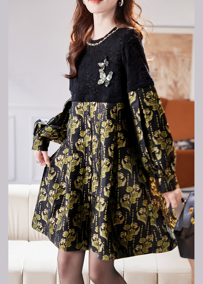 Butterfly Applique Balloon Cuff Sleeve Button Front Pleated Midi Dress - View 4