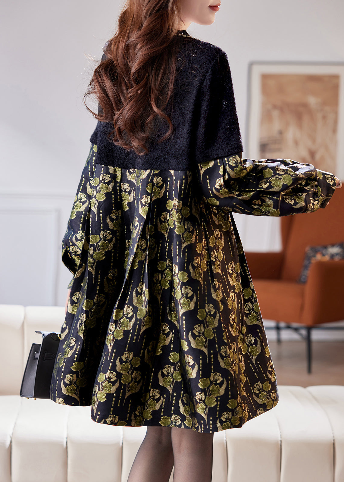 Butterfly Applique Balloon Cuff Sleeve Button Front Pleated Midi Dress - View 5