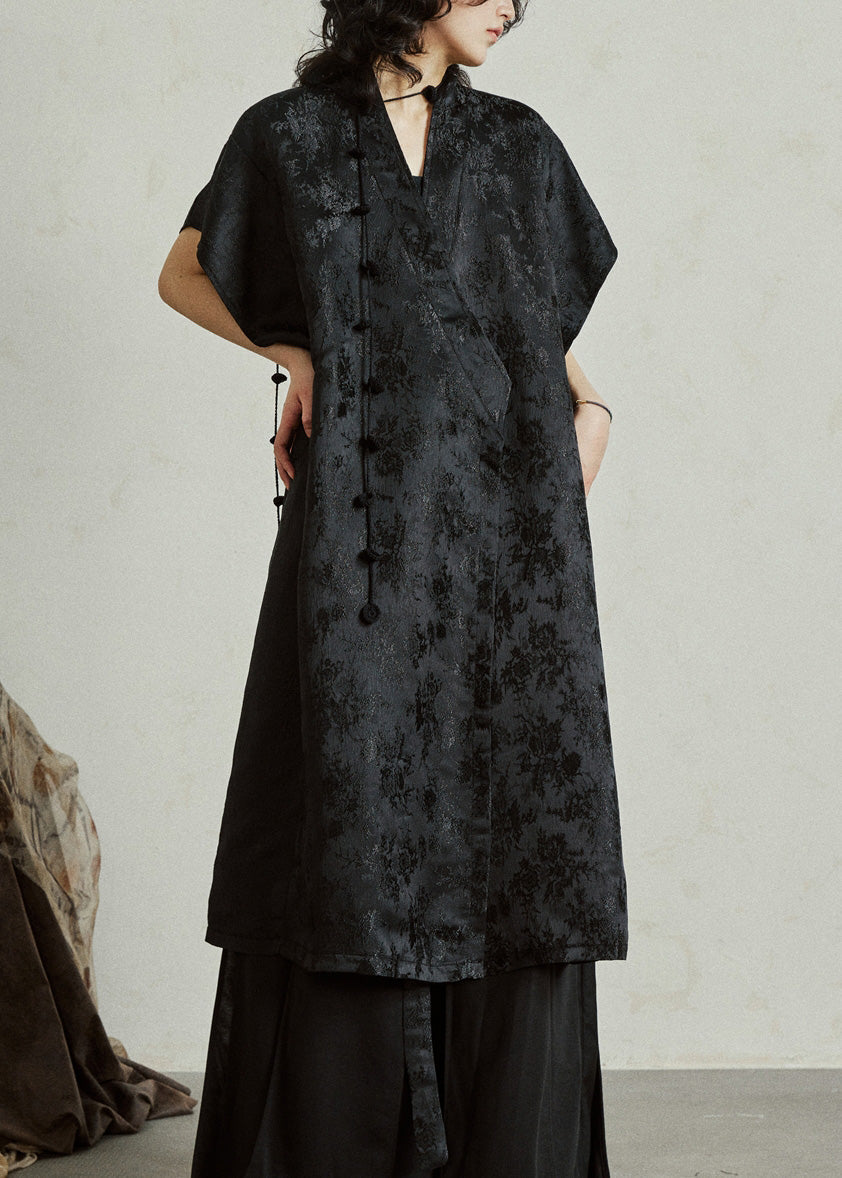 Jacquard Frog Button Wrap Sleeveless Midi Dress