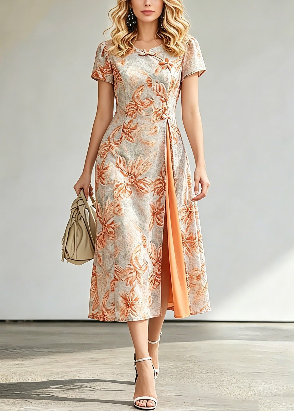Jacquard Floral Round Neck Frog Closure Short Sleeve Midi Dress