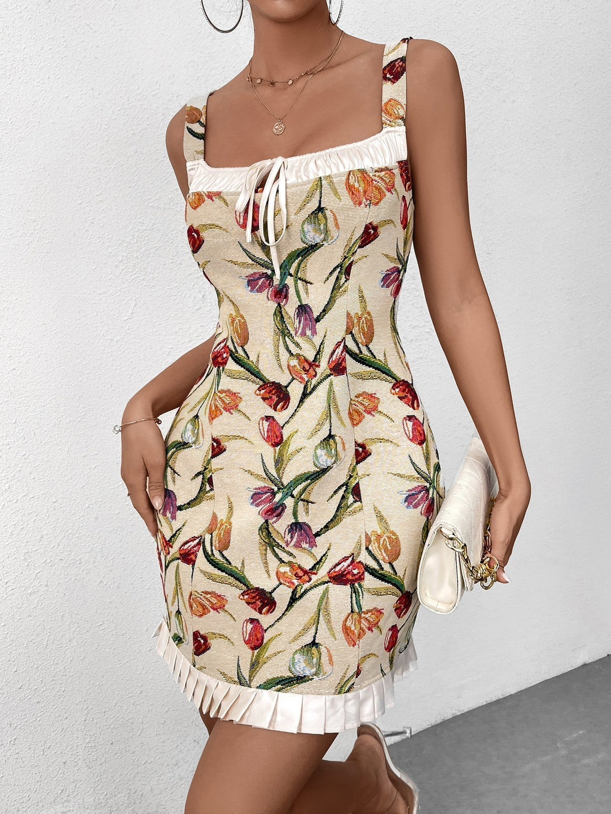 Floral Jacquard Square Neck Tie Front Ruffle Hem Bodycon Mini Dress - View 4