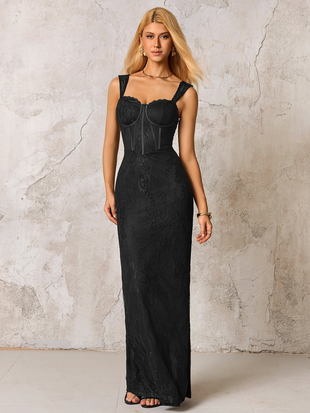 Jacquard Zipper Split Back Lace Bodycon Dress - View 5