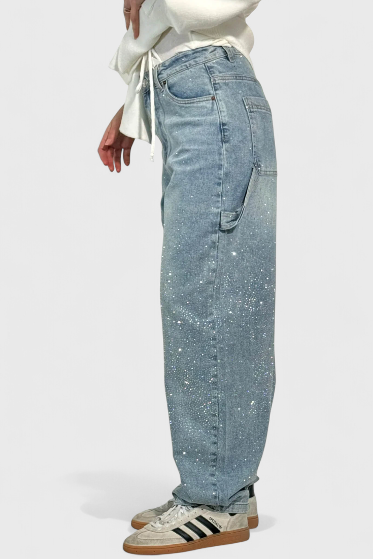 Rhinestone Embellished Wide Leg Cargo Jeans 7