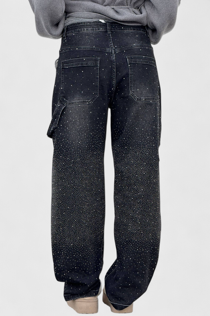 Rhinestone Embellished Wide Leg Cargo Jeans 10
