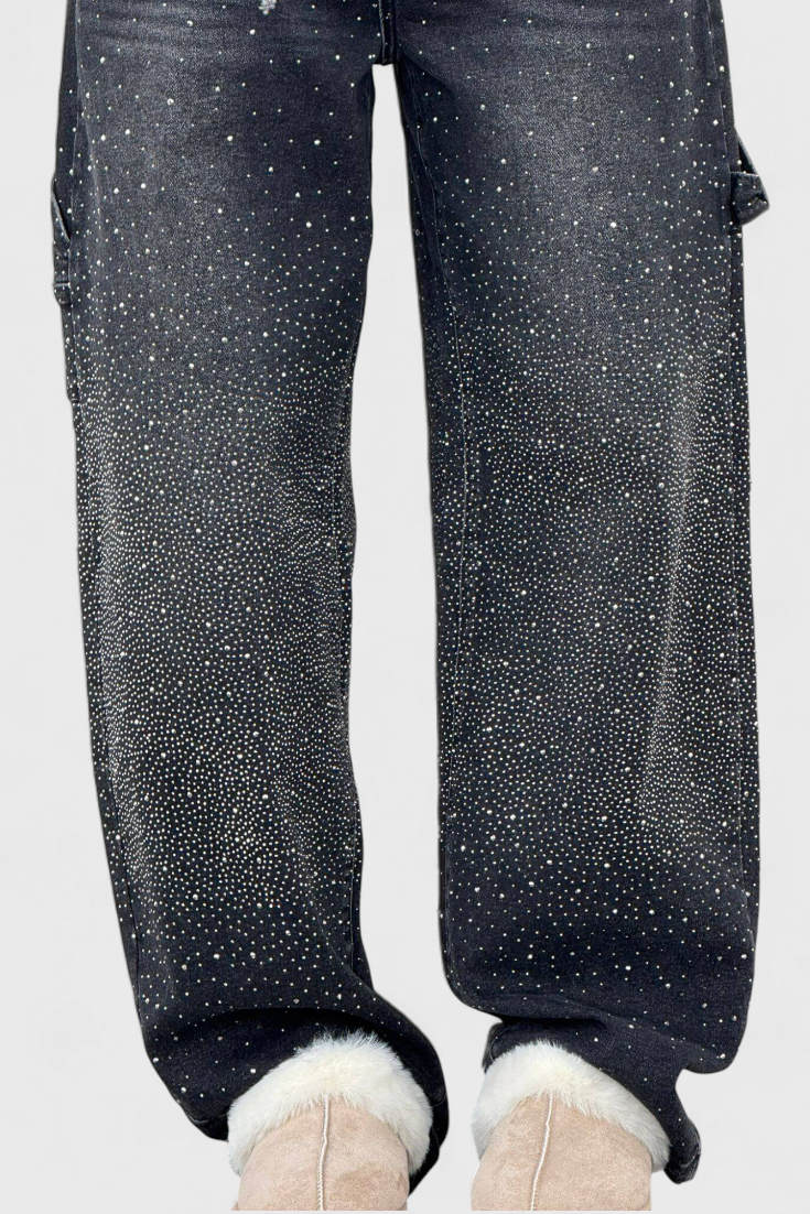 Rhinestone Embellished Wide Leg Cargo Jeans 12