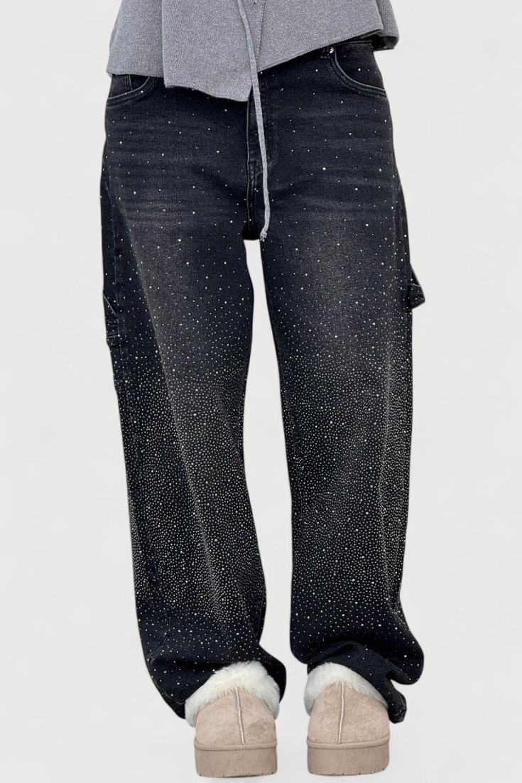 Rhinestone Embellished Wide Leg Cargo Jeans 9