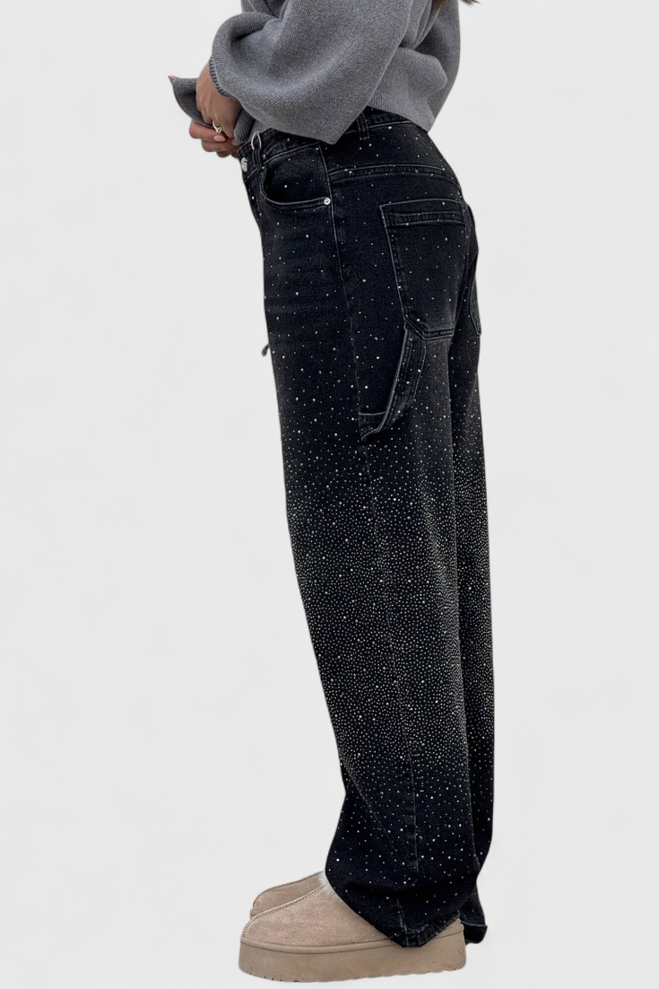 Rhinestone Embellished Wide Leg Cargo Jeans 11