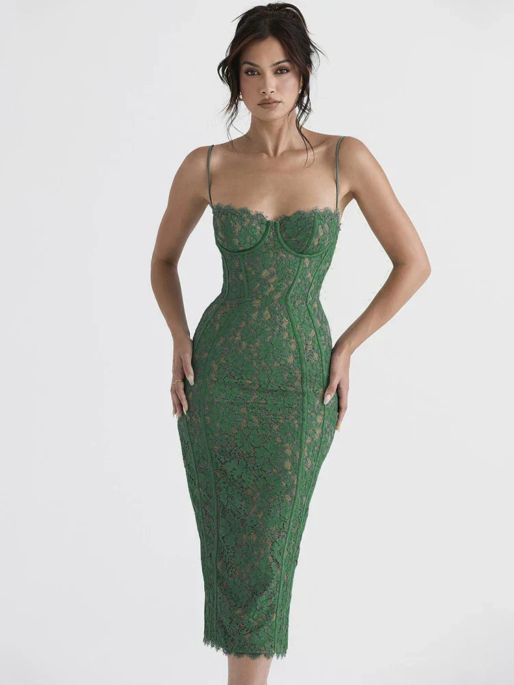 Lace Spaghetti Strap Sweetheart Bustier Bodycon Midi Dress - View 5