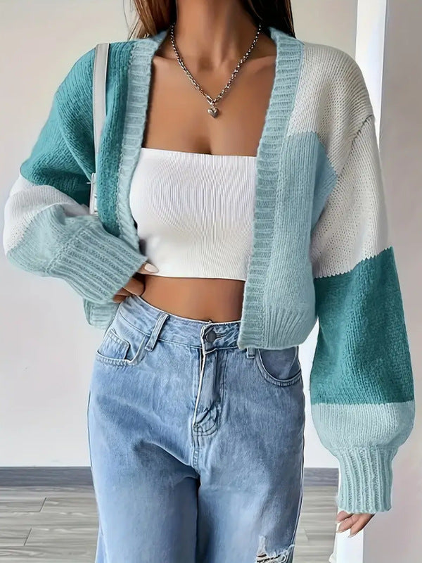 Color Block Open Front Cropped Cardigan