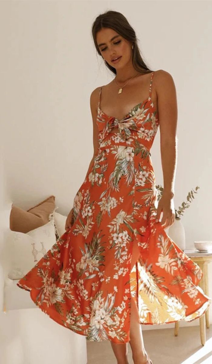 Floral Print Spaghetti Strap Tie Front Cut Out High Split Midi Dress - View 6