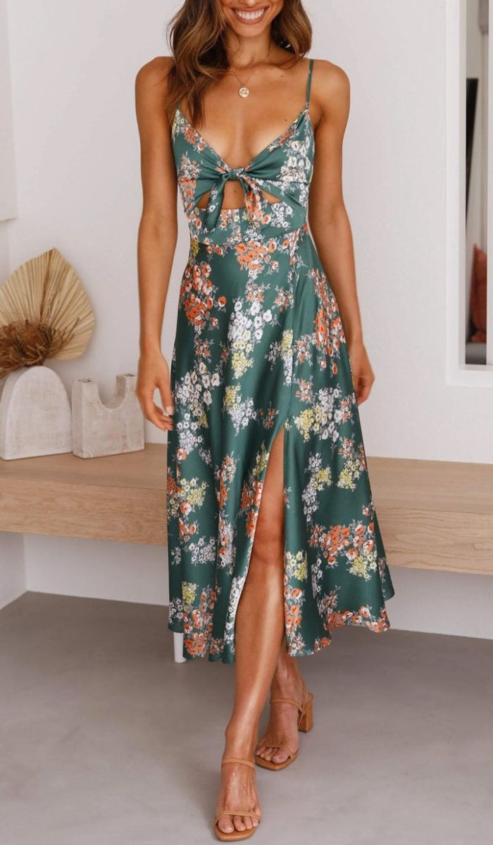 Floral Print Spaghetti Strap Tie Front Cut Out High Split Midi Dress