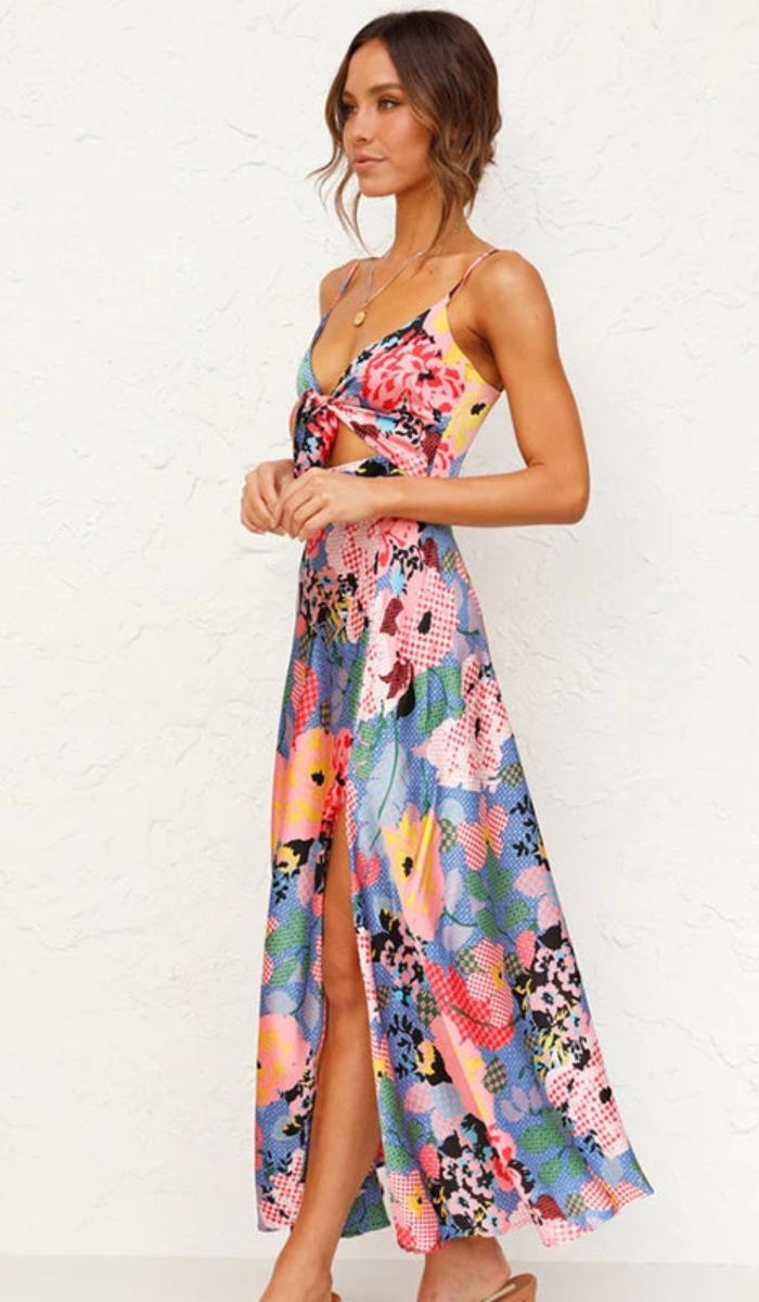Floral Print Spaghetti Strap Tie Front Cut Out High Split Midi Dress - View 5