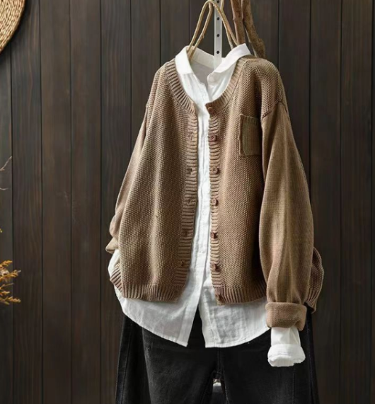 Button Front Patch Pocket Drop Shoulder Knit Cardigan 6
