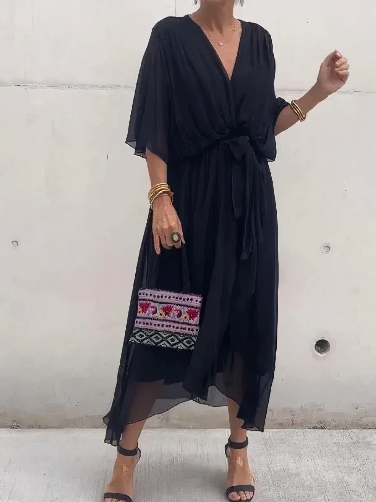 Chiffon Deep V-Neck Flutter Sleeve Wrap Tie Waist High Low Midi Dress - View 3