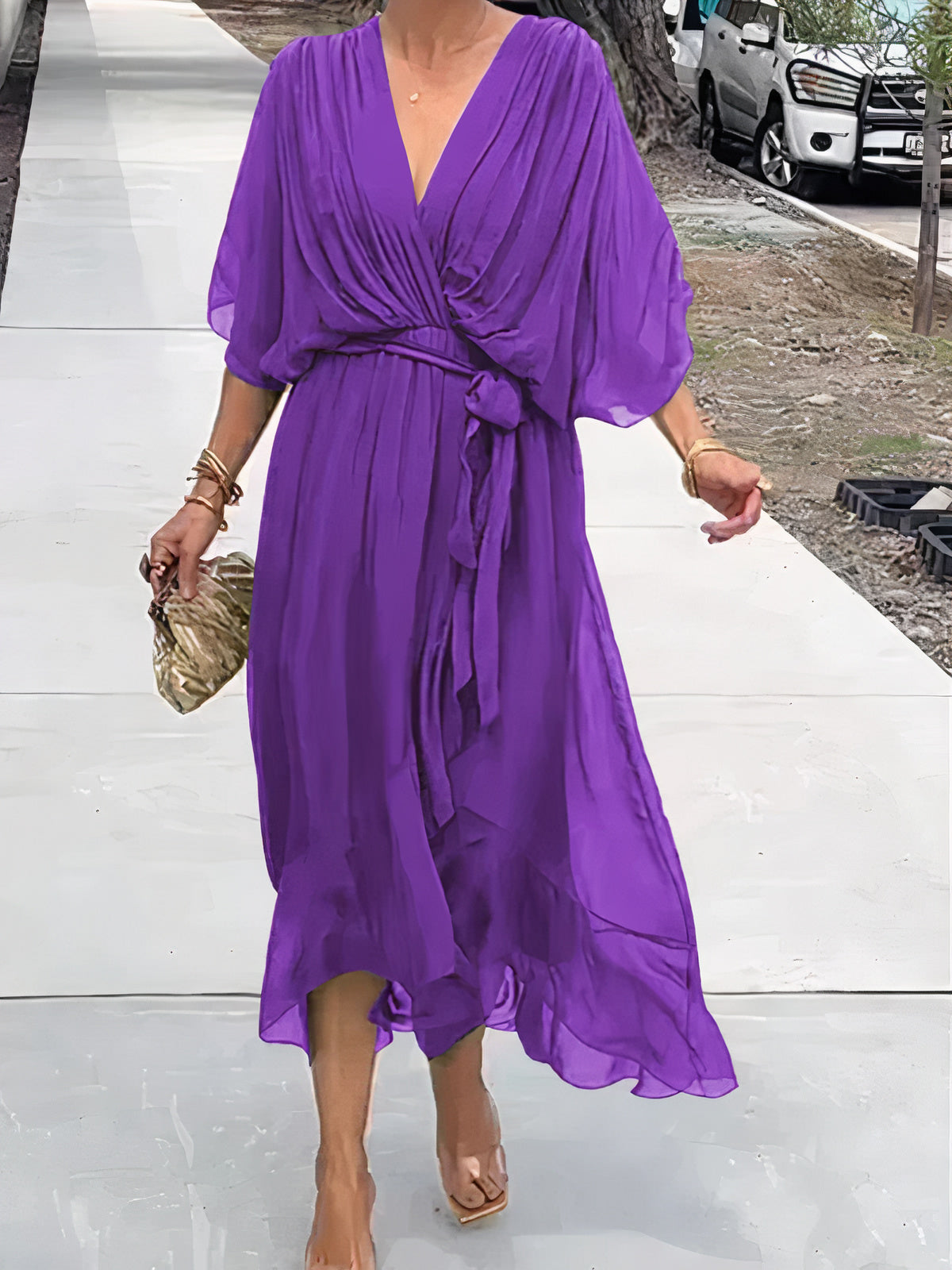 Chiffon Deep V-Neck Flutter Sleeve Wrap Tie Waist High Low Midi Dress - View 4