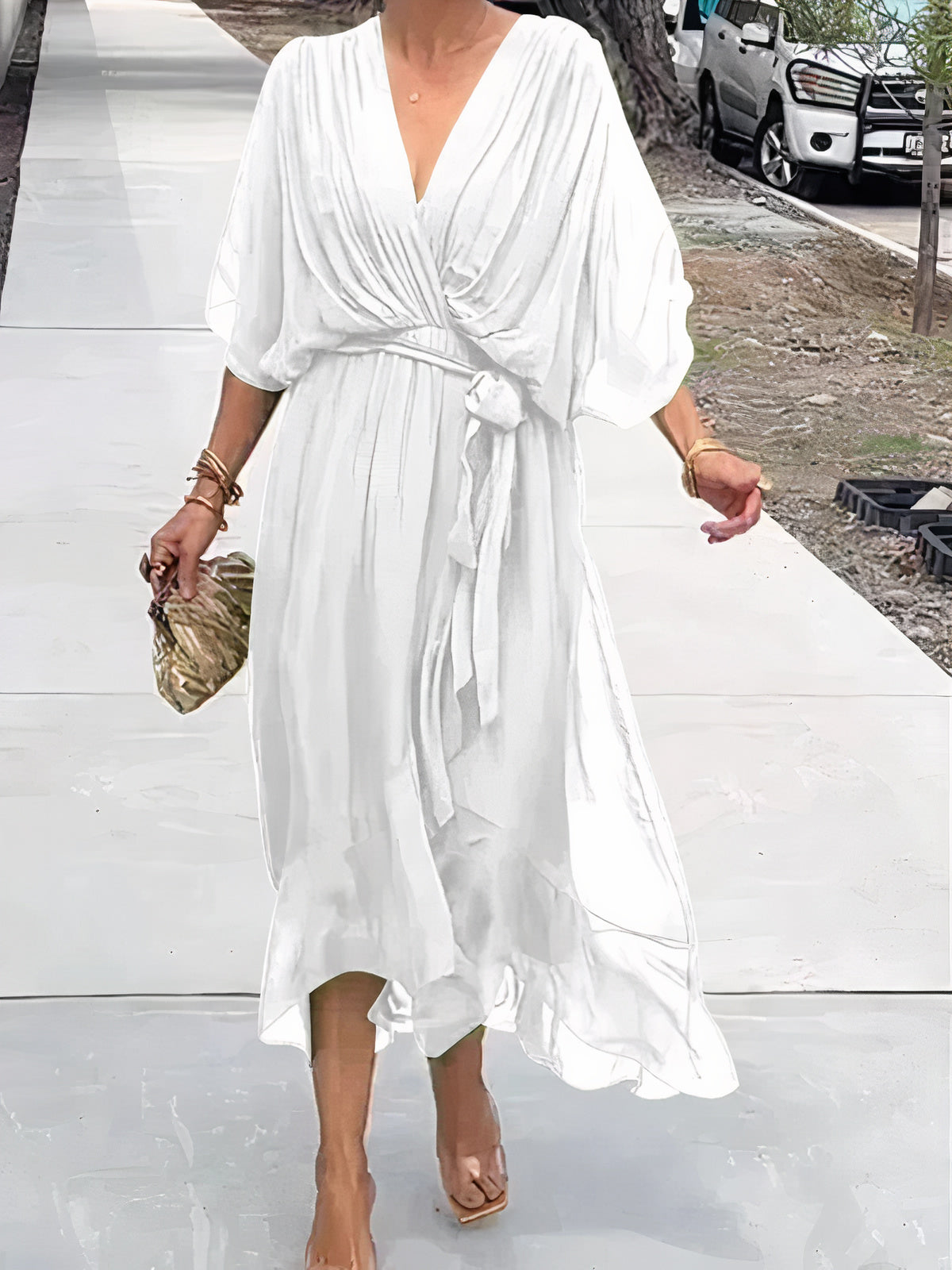 Chiffon Deep V-Neck Flutter Sleeve Wrap Tie Waist High Low Midi Dress - View 5