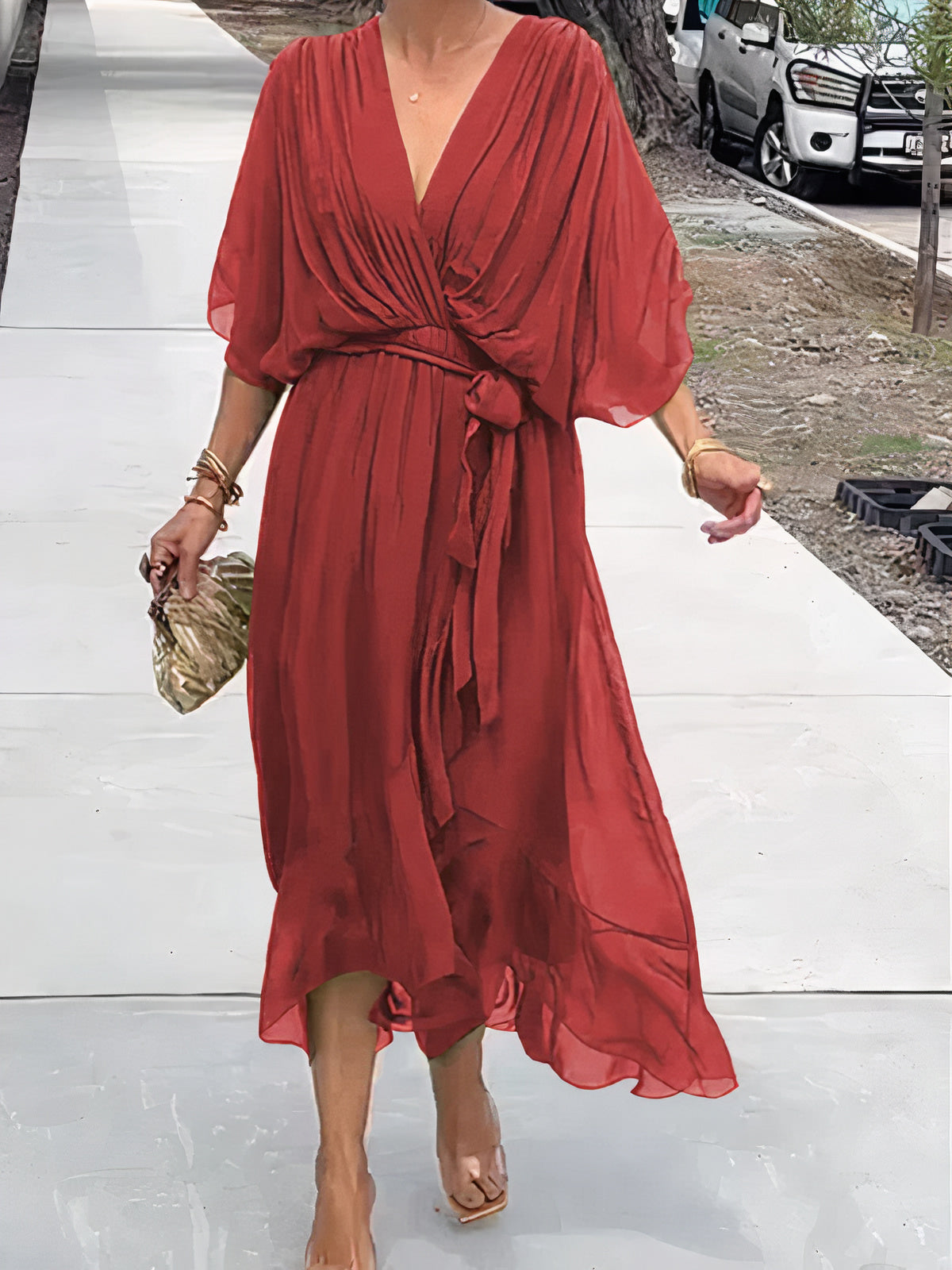 Chiffon Deep V-Neck Flutter Sleeve Wrap Tie Waist High Low Midi Dress - View 9