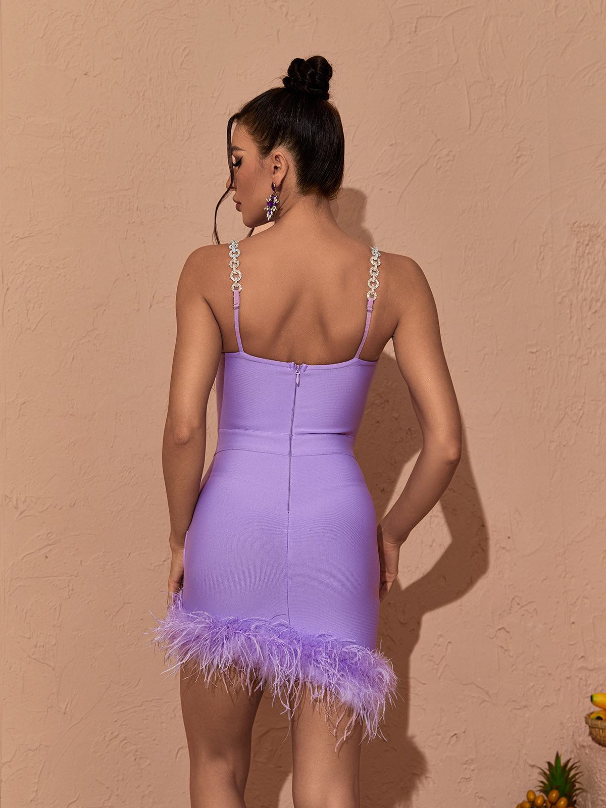 Crystal Chain Strap Sweetheart Bustier Feather Trim Bandage Mini Dress - View 5