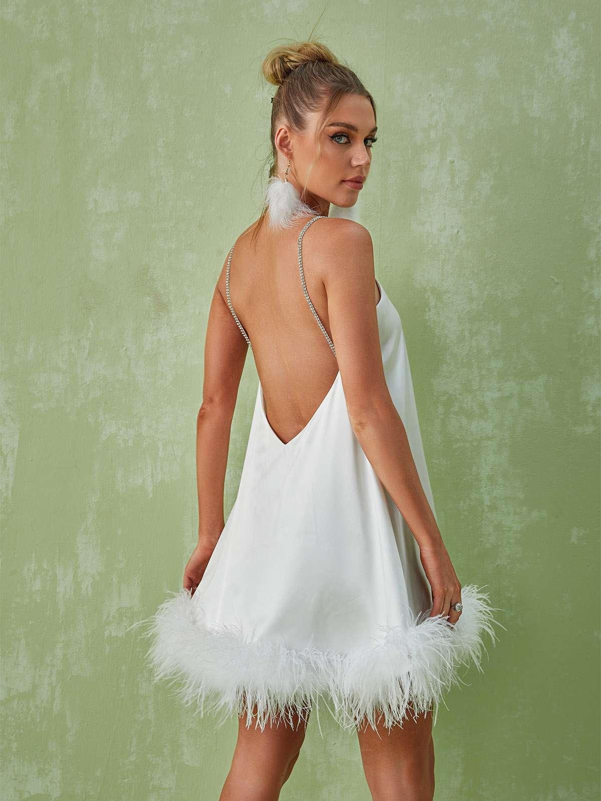 Kamaria Spaghetti Feather Mini Dress In White - View 5