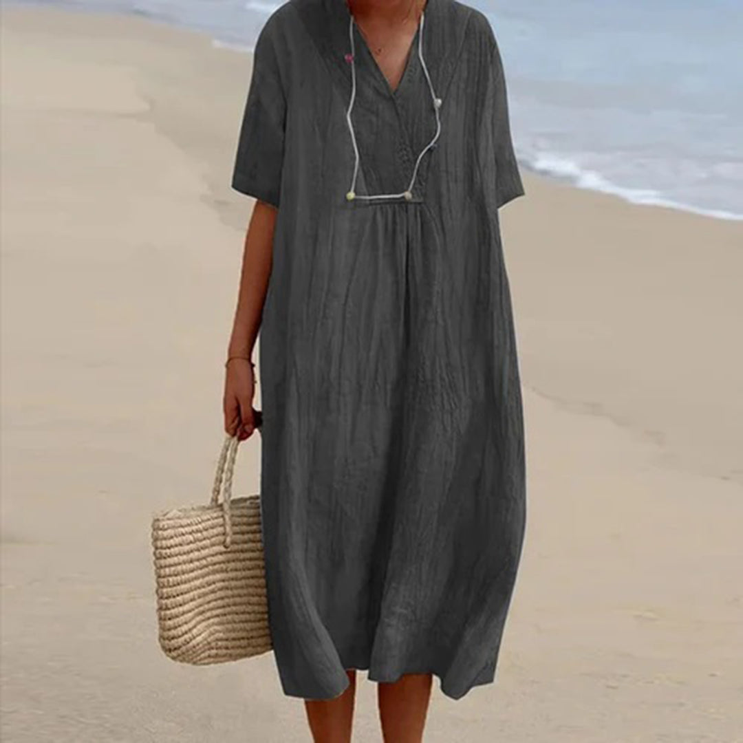 V-Neck Short Sleeve Shift Midi Dress 8