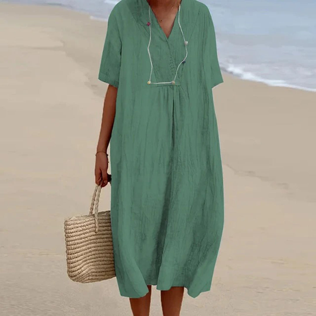 V-Neck Short Sleeve Shift Midi Dress 6