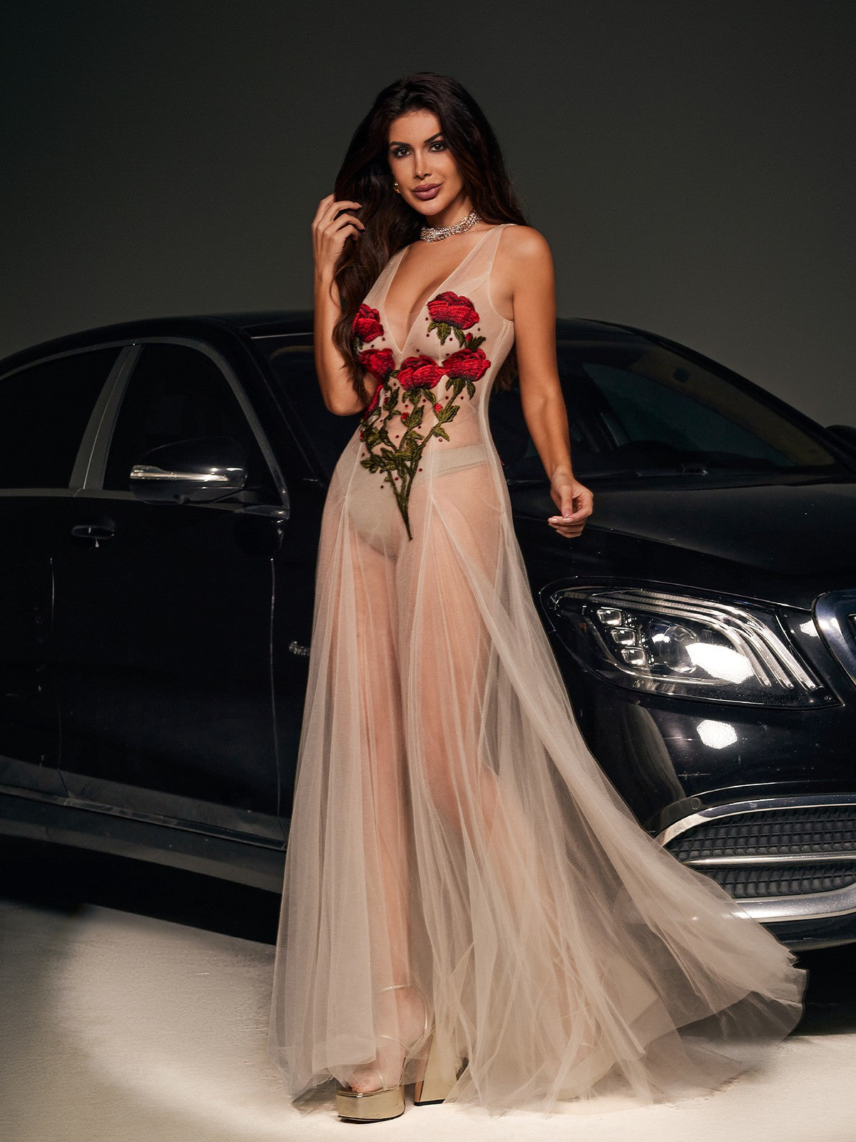 Mesh Deep V-Neck Floral Embroidery Tulle Layered Maxi Gown - View 2