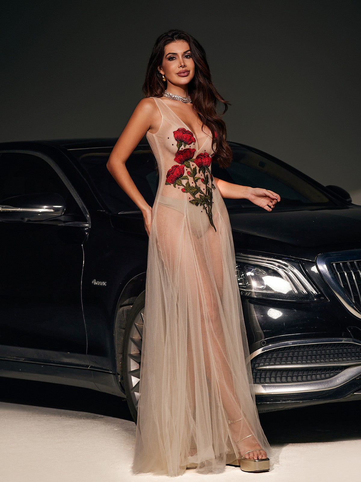Mesh Deep V-Neck Floral Embroidery Tulle Layered Maxi Gown - View 5