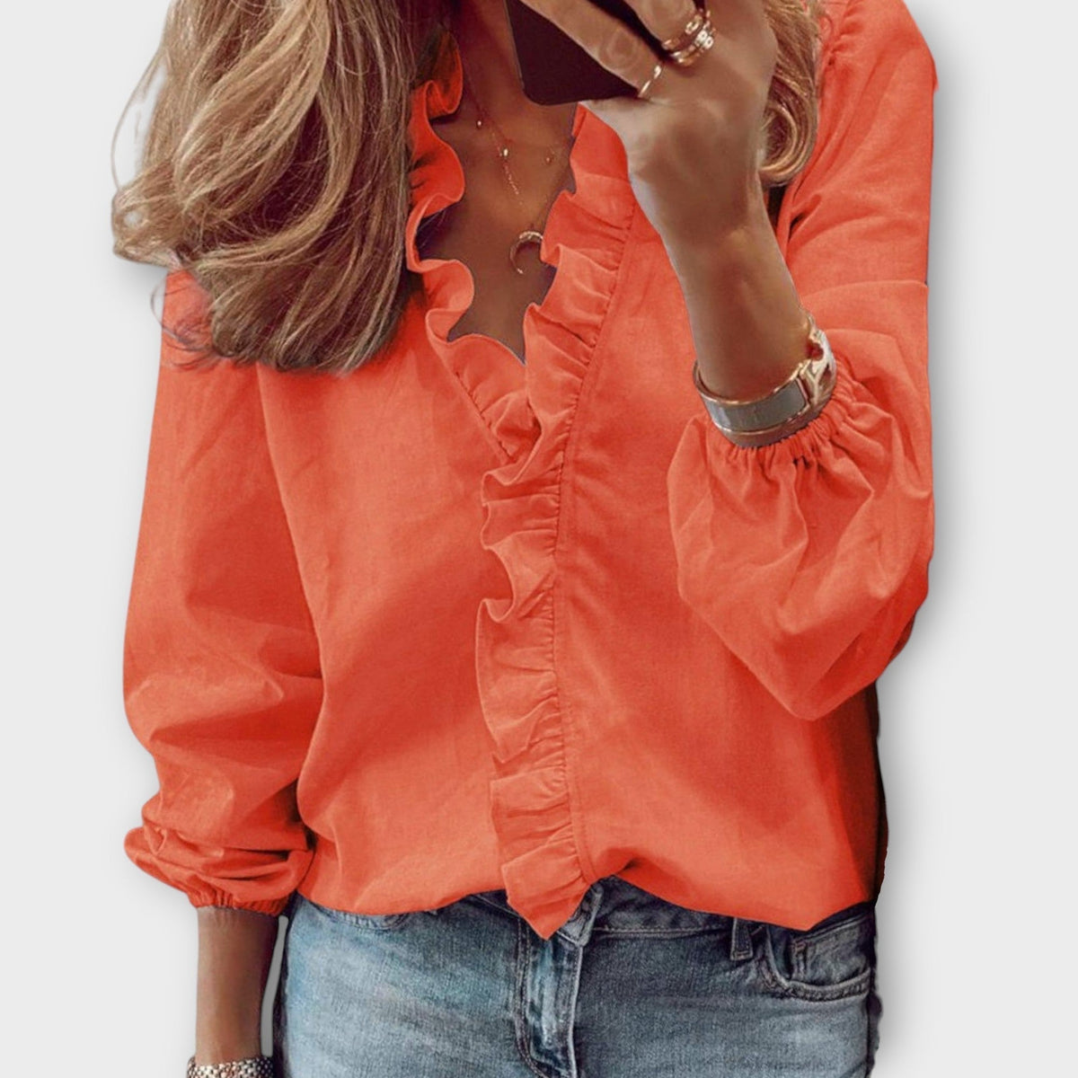 Deep V-Neck Ruffle Front Long Sleeve Blouse 3