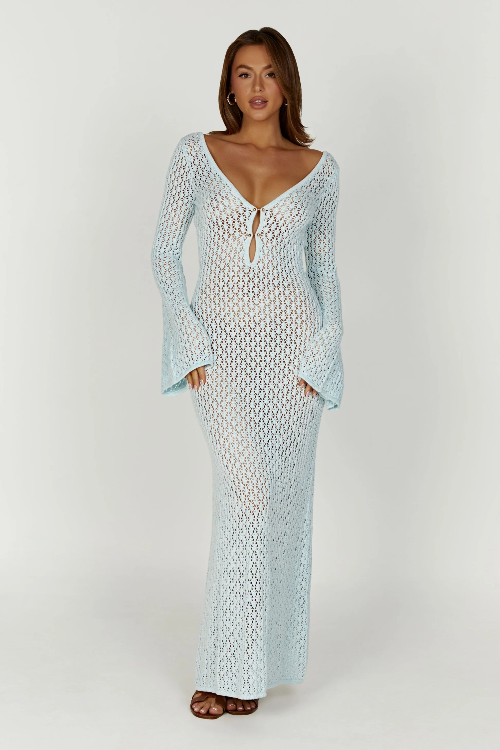 Crochet Deep V-Neck Cut Out Bell Sleeve Maxi Dress - View 5