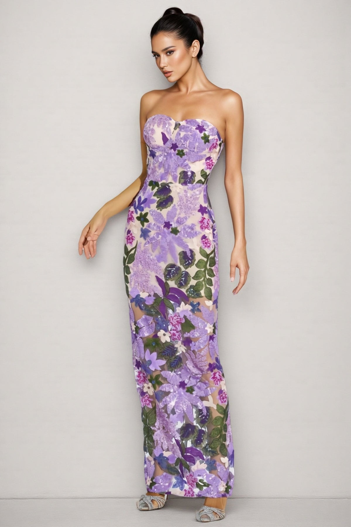 Floral Sequin Strapless Sweetheart Sheer Mermaid Maxi Gown - View 3