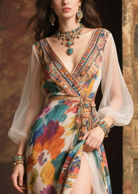 Chiffon Floral Print Wrap Deep V-Neck Bishop Sleeve Maxi Gown - View 2