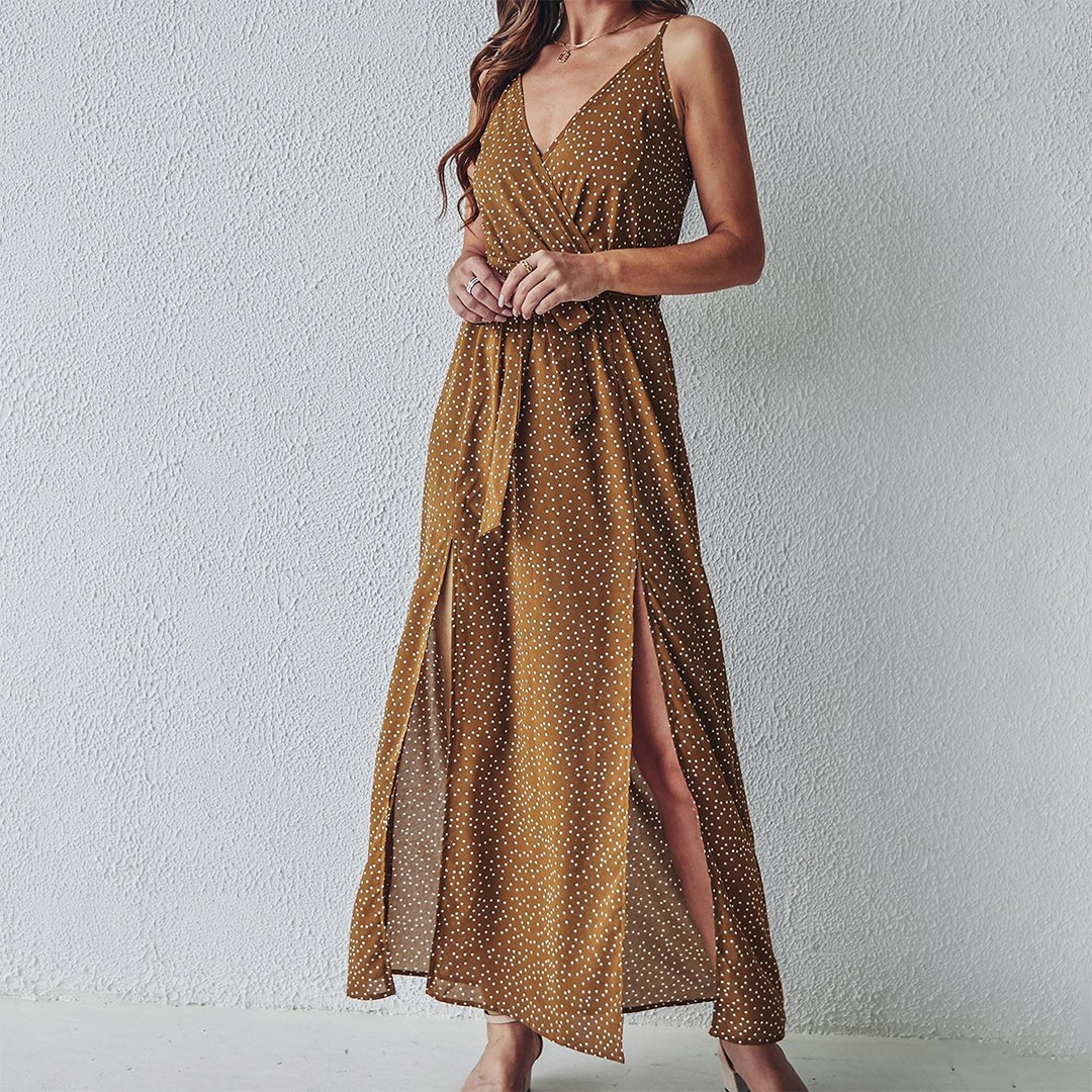Spaghetti Strap V-Neck Wrap Tie Waist Dual Slit Ditsy Print Maxi Dress - View 5