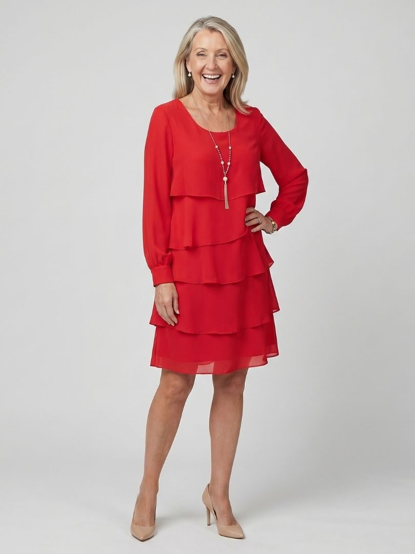 Round Neck Long Sleeve Tiered Knee Length Dress 12