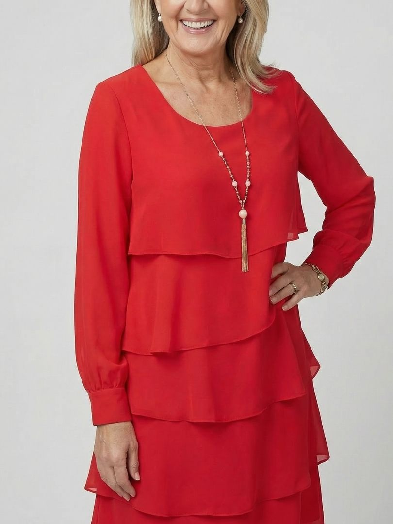 Round Neck Long Sleeve Tiered Knee Length Dress 13