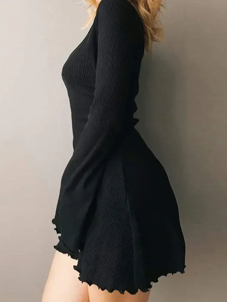 Knitting V Neck Hem Mini Dress