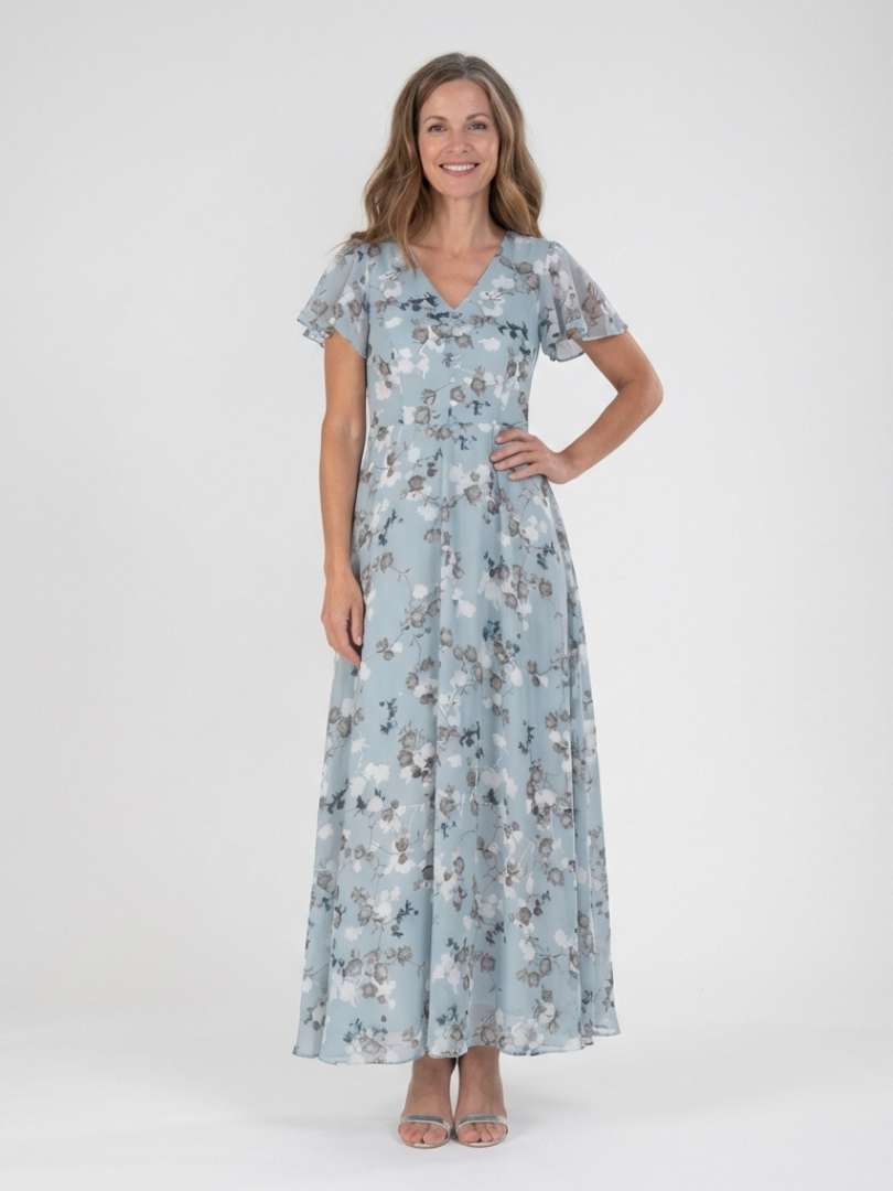 Floral Chiffon V-Neck Flutter Sleeve Maxi Dress