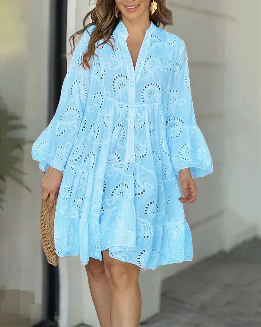 Eyelet Embroidery V-Neck Button Front Tiered Bell Sleeve Mini Dress - View 6