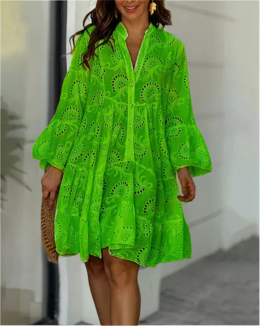 Eyelet Embroidery V-Neck Button Front Tiered Bell Sleeve Mini Dress - View 5