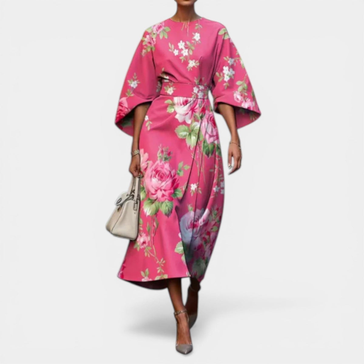 Painterly Floral Kimono Sleeve Belted Wrap Midi Dress 4