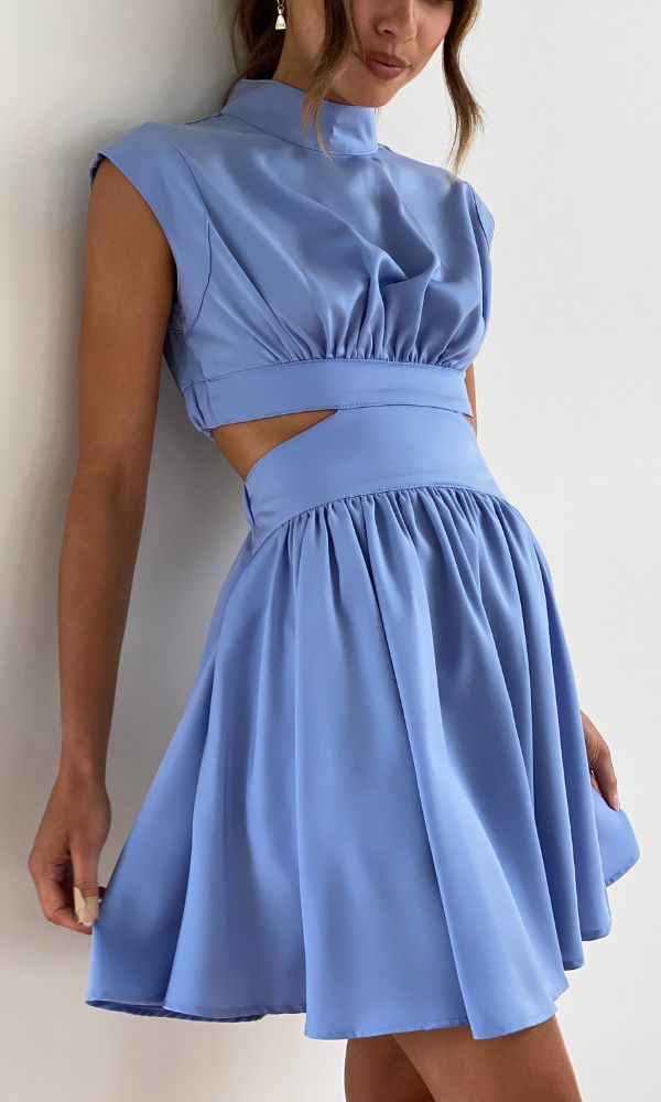 Mock Neck Sleeveless Cut Out Waist Pleated A-Line Mini Summer Dress