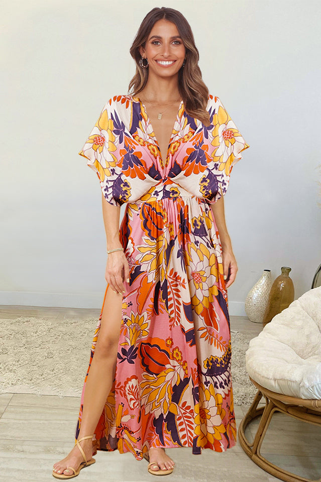 Leopard Print Deep V-Neck Short Sleeve High Split Maxi Dress 3