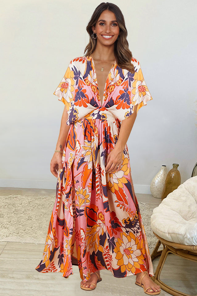 Leopard Print Deep V-Neck Short Sleeve High Split Maxi Dress 2